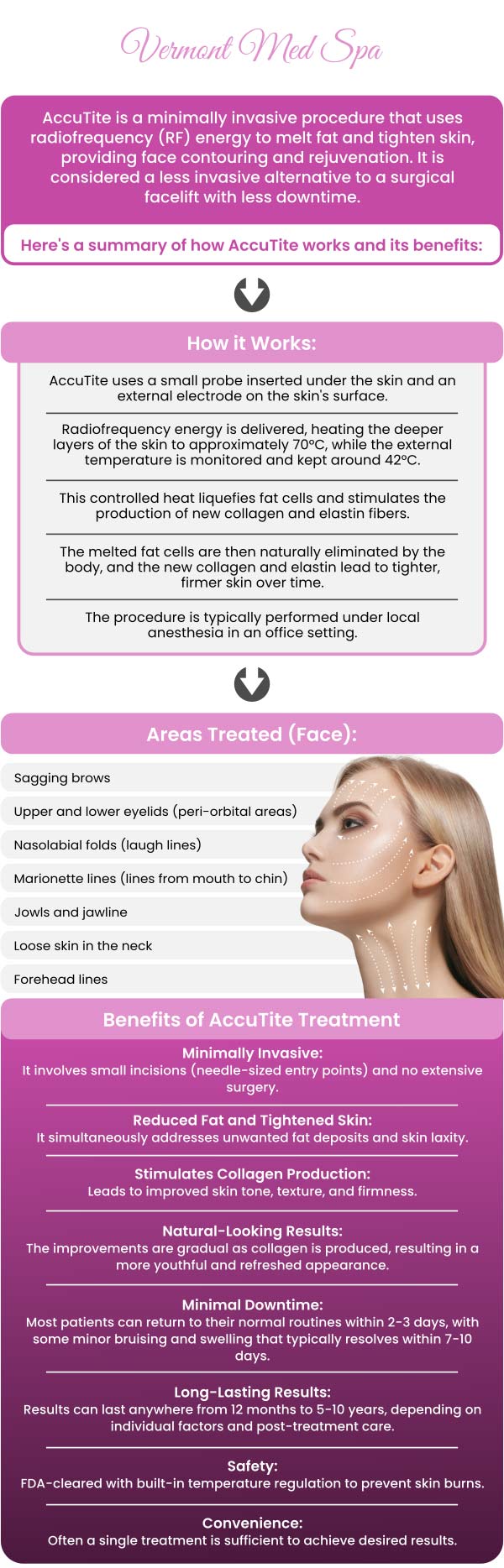 Vermont Med Spa offers advanced minimally invasive face contouring with AccuTite, a groundbreaking solution for precise facial sculpting without surgery. Under the expert care of Dr. Imad El Asmar, this innovative treatment targets delicate areas like the jawline, brows, and under-eyes to tighten skin and reduce fat. AccuTite uses radiofrequency technology for safe, controlled results with minimal downtime. For more information, contact us or request an online appointment. We are conveniently located at 1234 N. Vermont Avenue, Los Angeles, CA, 90029.
