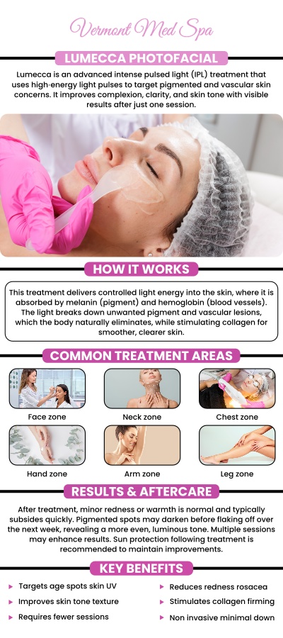 Lumecca IPL (Intense Pulsed Light) is a powerful and non-invasive treatment designed to enhance the appearance of the skin by addressing common concerns such as sun damage, redness, and pigmentation irregularities. Unlike traditional laser treatments, Lumecca IPL delivers targeted light energy to treat various skin imperfections while stimulating the skin's natural healing and rejuvenation processes. At Vermont Med Spa, our professionals specialize in Lumecca IPL, offering a customized approach to help our clients achieve smoother, more even-toned skin with minimal downtime. For more information, contact us or request an appointment online. We are conveniently located at 1234 N. Vermont Avenue Los Angeles, CA 90029. Lumecca IPL (Intense Pulsed Light) is a powerful and non-invasive treatment designed to enhance the appearance of the skin by addressing common concerns such as sun damage, redness, and pigmentation irregularities. Unlike traditional laser treatments, Lumecca IPL delivers targeted light energy to treat various skin imperfections while stimulating the skin's natural healing and rejuvenation processes. At Vermont Med Spa, our professionals specialize in Lumecca IPL, offering a customized approach to help our clients achieve smoother, more even-toned skin with minimal downtime. For more information, contact us or request an appointment online. We are conveniently located at 1234 N. Vermont Avenue Los Angeles, CA 90029.