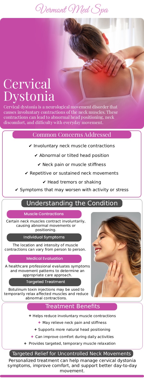 Living with the involuntary neck spasms and pain of spasmodic torticollis can be exhausting, but finding the right care makes a significant difference. By choosing cervical dystonia treatment at Vermont Med Spa, you receive targeted neuromodulator injections designed to safely relax your overactive neck muscles. This specialized approach helps reduce chronic discomfort, improve your head posture, and restore your daily mobility and quality of life. For more information, contact us or request an appointment online. We are conveniently located at 1234 N. Vermont Avenue Los Angeles, CA 90029. Living with the involuntary neck spasms and pain of spasmodic torticollis can be exhausting, but finding the right care makes a significant difference. By choosing cervical dystonia treatment at Vermont Med Spa, you receive targeted neuromodulator injections designed to safely relax your overactive neck muscles. This specialized approach helps reduce chronic discomfort, improve your head posture, and restore your daily mobility and quality of life. For more information, contact us or request an appointment online. We are conveniently located at 1234 N. Vermont Avenue Los Angeles, CA 90029.