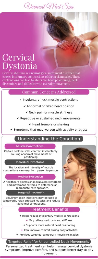 Living with the involuntary neck spasms and pain of spasmodic torticollis can be exhausting, but finding the right care makes a significant difference. By choosing cervical dystonia treatment at Vermont Med Spa, you receive targeted neuromodulator injections designed to safely relax your overactive neck muscles. This specialized approach helps reduce chronic discomfort, improve your head posture, and restore your daily mobility and quality of life. For more information, contact us or request an appointment online. We are conveniently located at 1234 N. Vermont Avenue Los Angeles, CA 90029. Living with the involuntary neck spasms and pain of spasmodic torticollis can be exhausting, but finding the right care makes a significant difference. By choosing cervical dystonia treatment at Vermont Med Spa, you receive targeted neuromodulator injections designed to safely relax your overactive neck muscles. This specialized approach helps reduce chronic discomfort, improve your head posture, and restore your daily mobility and quality of life. For more information, contact us or request an appointment online. We are conveniently located at 1234 N. Vermont Avenue Los Angeles, CA 90029.