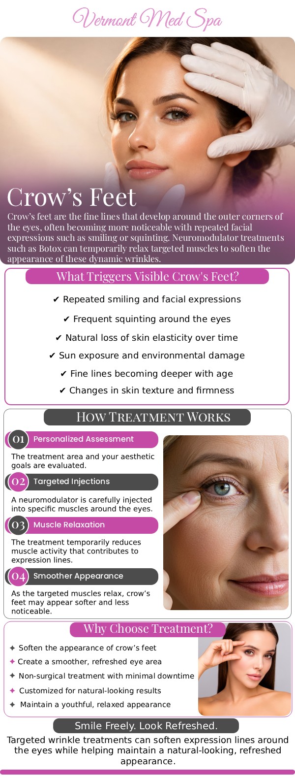 If you are looking to smooth away the fine lines and wrinkles that form around the outer corners of your eyes, finding an experienced aesthetic provider is essential for achieving a refreshed, youthful appearance. At Vermont Med Spa, Dr. Imad El Asmar offers a variety of customized, non-surgical treatments—including advanced neuromodulators—designed to gently relax the underlying muscles responsible for crow's feet. For more information, contact us or request an appointment online. We are conveniently located at 1234 N. Vermont Avenue Los Angeles, CA 90029.